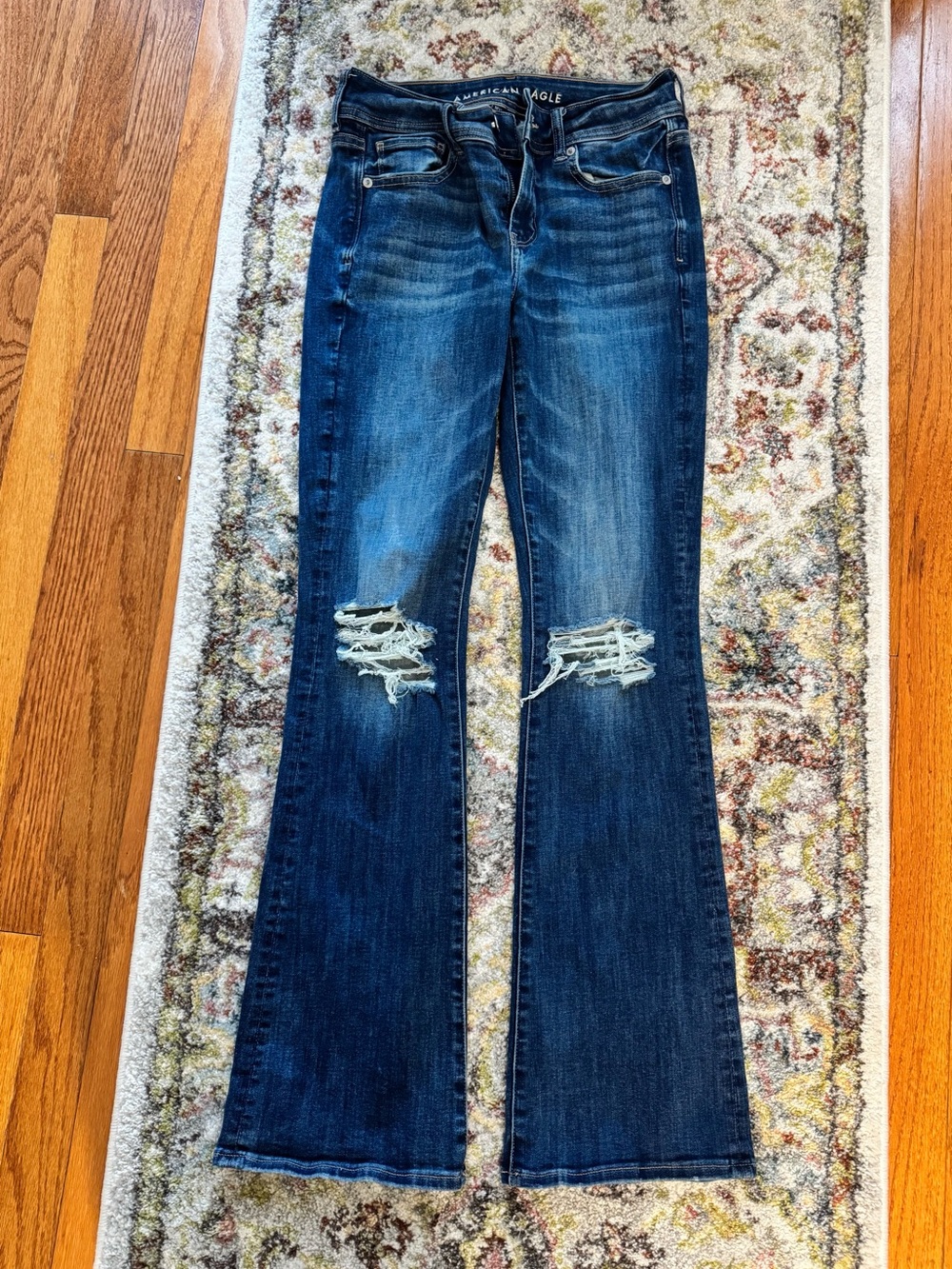 American Eagle Outfitters Dark Wash Distressed Flared Jeans - Size 4 Dark Blue